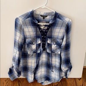 Blue and White Plaid Lace-Up Shirt